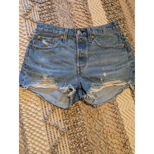 Levis 501 Original High Rise Denim Shorts Medium Wash Distressed W27